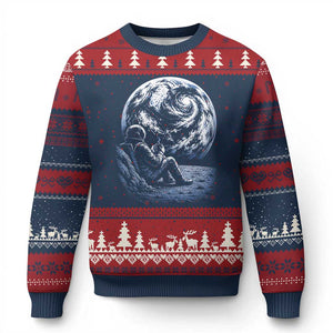 Astronaut Drinking Coffee On The Moon Graphic Ugly Christmas Sweater Vintage Sci Fi Earth Horizon Space Explorer TS02 Navy Red Print Your Wear