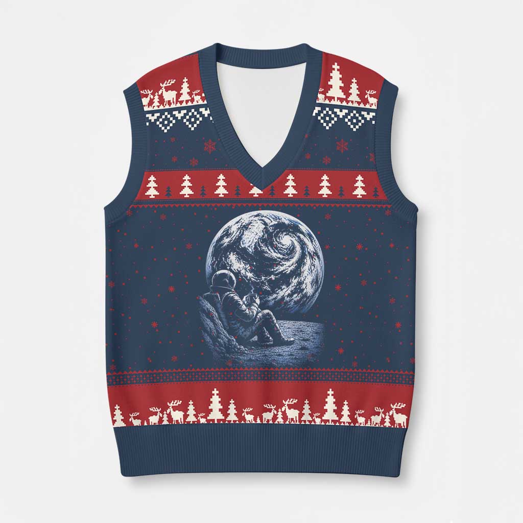 Astronaut Drinking Coffee On The Moon Graphic V-Neck Knit Sweater Vest Vintage Sci Fi Earth Horizon Space Explorer TS02 Navy Red Print Your Wear