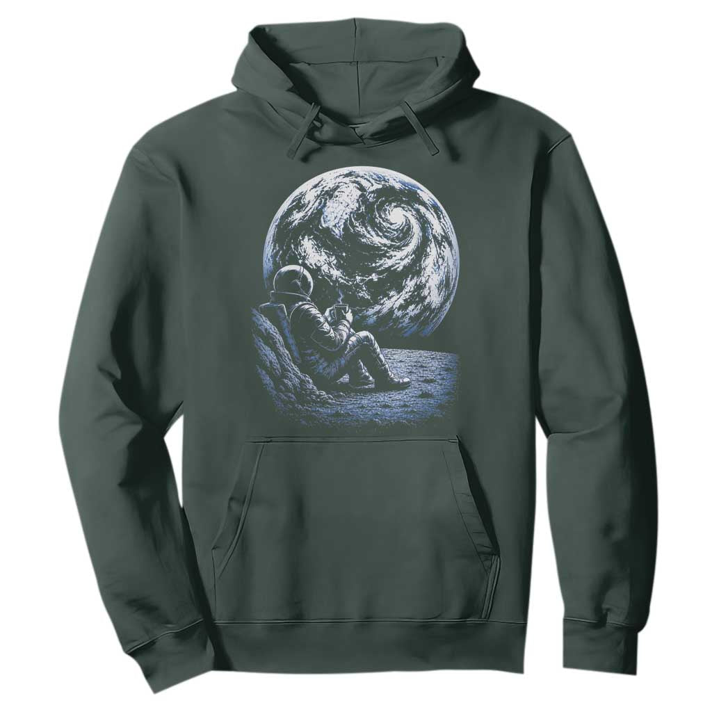Astronaut Drinking Coffee On The Moon Graphic Hoodie Vintage Sci Fi Earth Horizon Space Explorer TS02 Dark Forest Green Print Your Wear