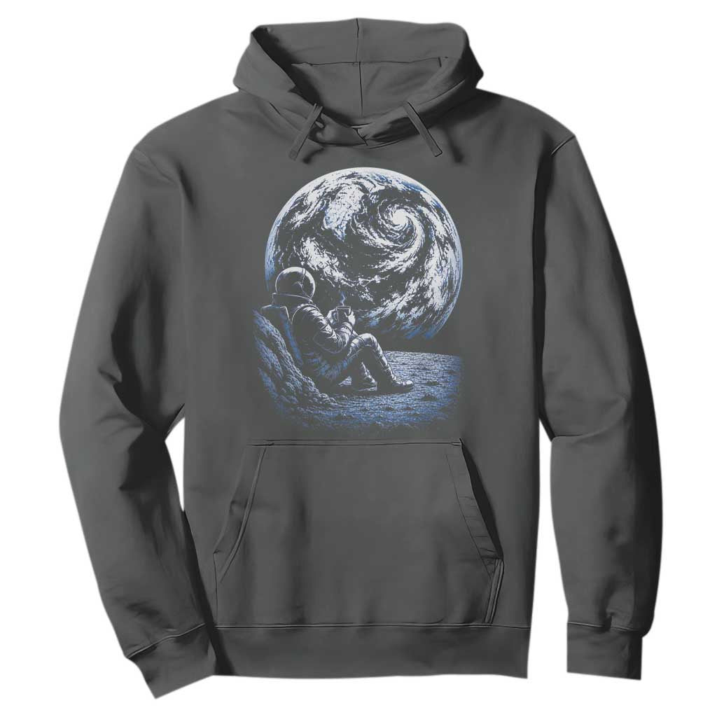 Astronaut Drinking Coffee On The Moon Graphic Hoodie Vintage Sci Fi Earth Horizon Space Explorer TS02 Dark Heather Print Your Wear