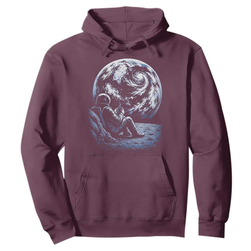 Astronaut Drinking Coffee On The Moon Graphic Hoodie Vintage Sci Fi Earth Horizon Space Explorer TS02 Maroon Print Your Wear