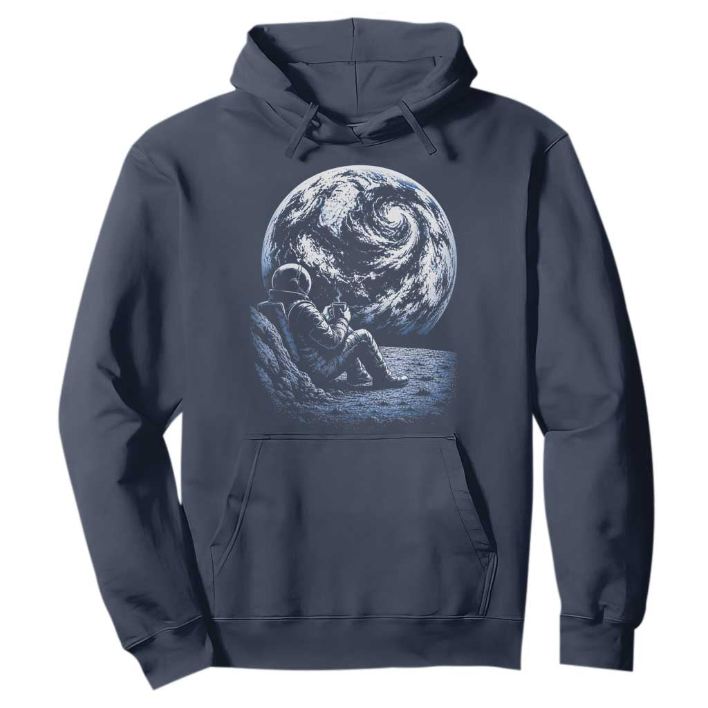 Astronaut Drinking Coffee On The Moon Graphic Hoodie Vintage Sci Fi Earth Horizon Space Explorer TS02 Navy Print Your Wear
