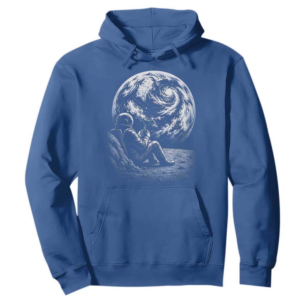 Astronaut Drinking Coffee On The Moon Graphic Hoodie Vintage Sci Fi Earth Horizon Space Explorer TS02 Royal Blue Print Your Wear