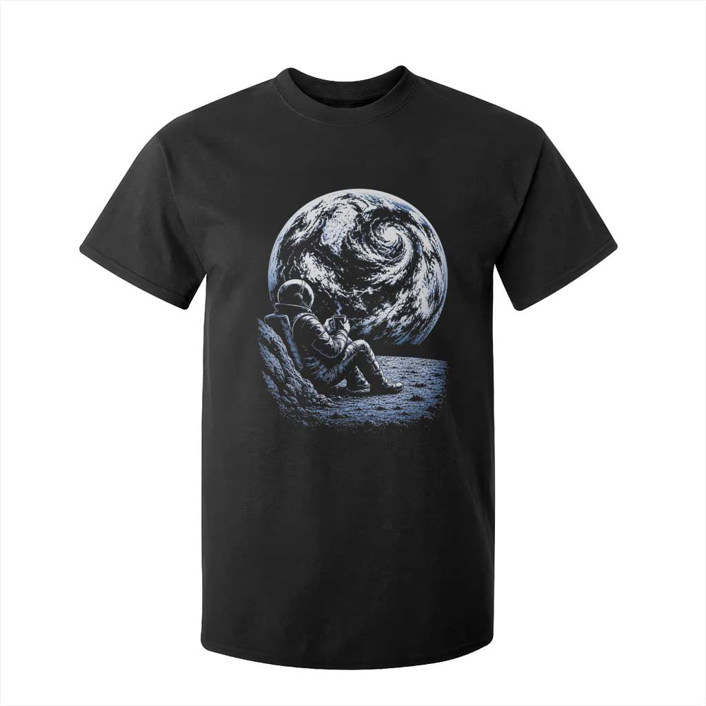 Astronaut Drinking Coffee On The Moon Graphic T Shirt For Kid Vintage Sci Fi Earth Horizon Space Explorer TS02 Black Print Your Wear