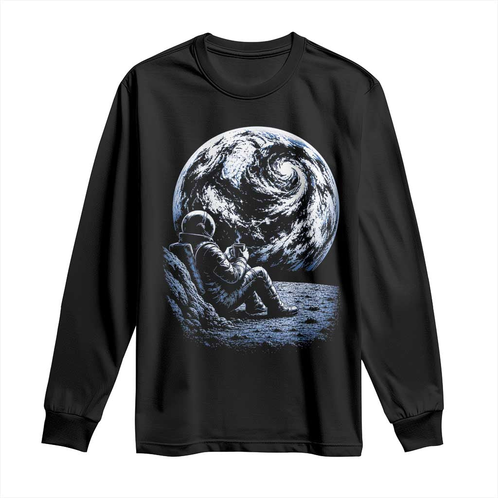 Astronaut Drinking Coffee On The Moon Graphic Long Sleeve Shirt Vintage Sci Fi Earth Horizon Space Explorer TS02 Black Print Your Wear