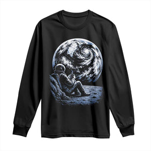 Astronaut Drinking Coffee On The Moon Graphic Long Sleeve Shirt Vintage Sci Fi Earth Horizon Space Explorer TS02 Black Print Your Wear