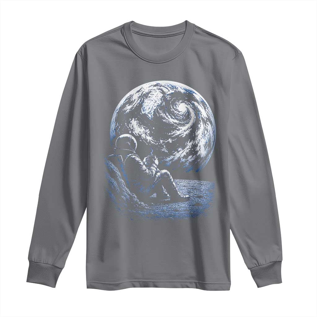 Astronaut Drinking Coffee On The Moon Graphic Long Sleeve Shirt Vintage Sci Fi Earth Horizon Space Explorer TS02 Charcoal Print Your Wear