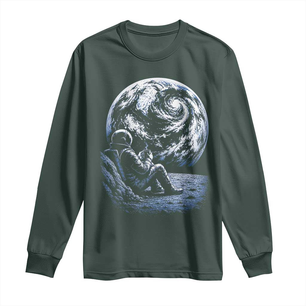 Astronaut Drinking Coffee On The Moon Graphic Long Sleeve Shirt Vintage Sci Fi Earth Horizon Space Explorer TS02 Dark Forest Green Print Your Wear