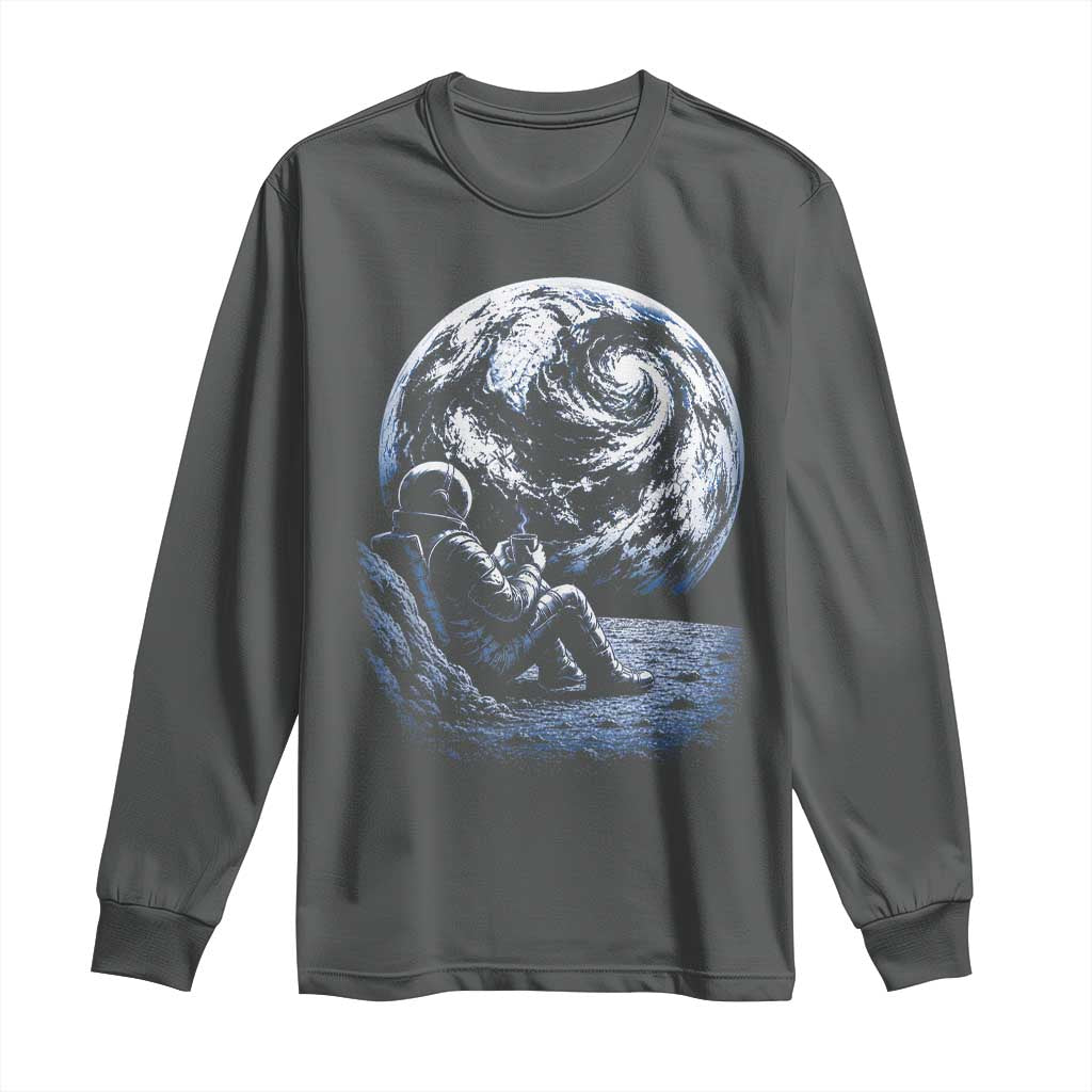 Astronaut Drinking Coffee On The Moon Graphic Long Sleeve Shirt Vintage Sci Fi Earth Horizon Space Explorer TS02 Dark Heather Print Your Wear