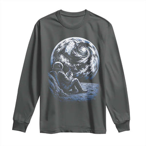 Astronaut Drinking Coffee On The Moon Graphic Long Sleeve Shirt Vintage Sci Fi Earth Horizon Space Explorer TS02 Dark Heather Print Your Wear