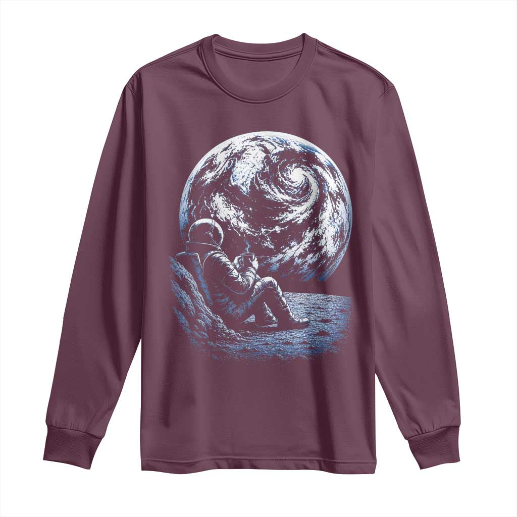 Astronaut Drinking Coffee On The Moon Graphic Long Sleeve Shirt Vintage Sci Fi Earth Horizon Space Explorer TS02 Maroon Print Your Wear