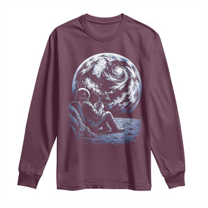 Astronaut Drinking Coffee On The Moon Graphic Long Sleeve Shirt Vintage Sci Fi Earth Horizon Space Explorer TS02 Maroon Print Your Wear