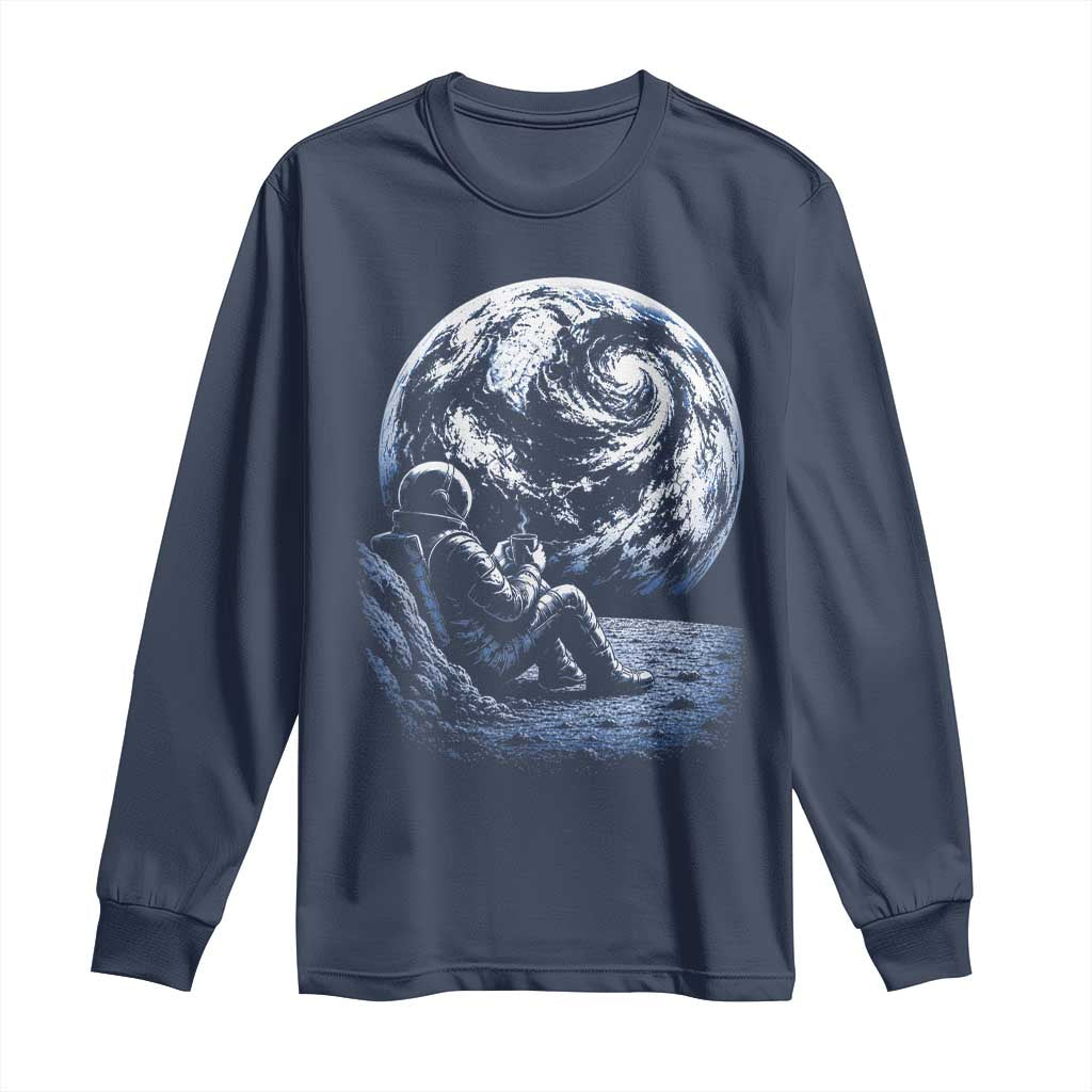 Astronaut Drinking Coffee On The Moon Graphic Long Sleeve Shirt Vintage Sci Fi Earth Horizon Space Explorer TS02 Navy Print Your Wear