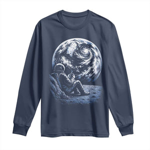 Astronaut Drinking Coffee On The Moon Graphic Long Sleeve Shirt Vintage Sci Fi Earth Horizon Space Explorer TS02 Navy Print Your Wear