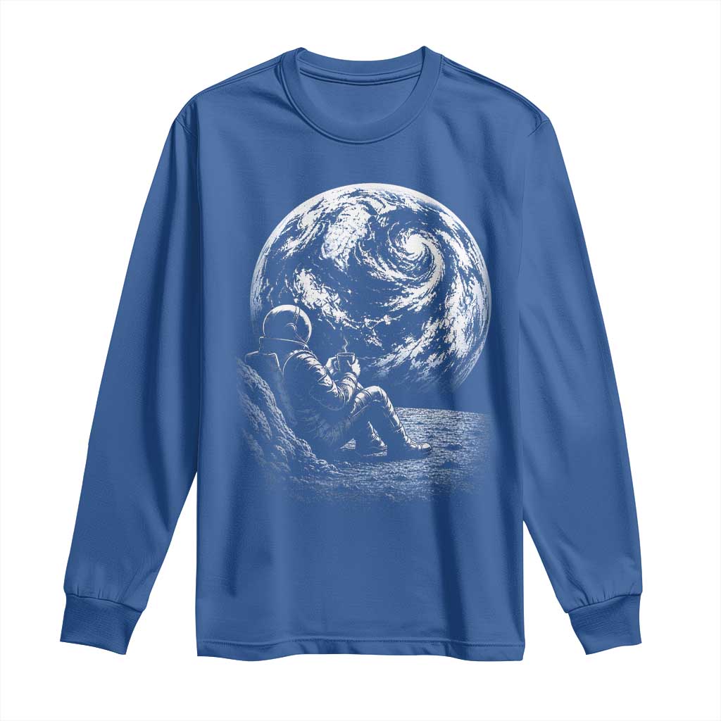 Astronaut Drinking Coffee On The Moon Graphic Long Sleeve Shirt Vintage Sci Fi Earth Horizon Space Explorer TS02 Royal Blue Print Your Wear