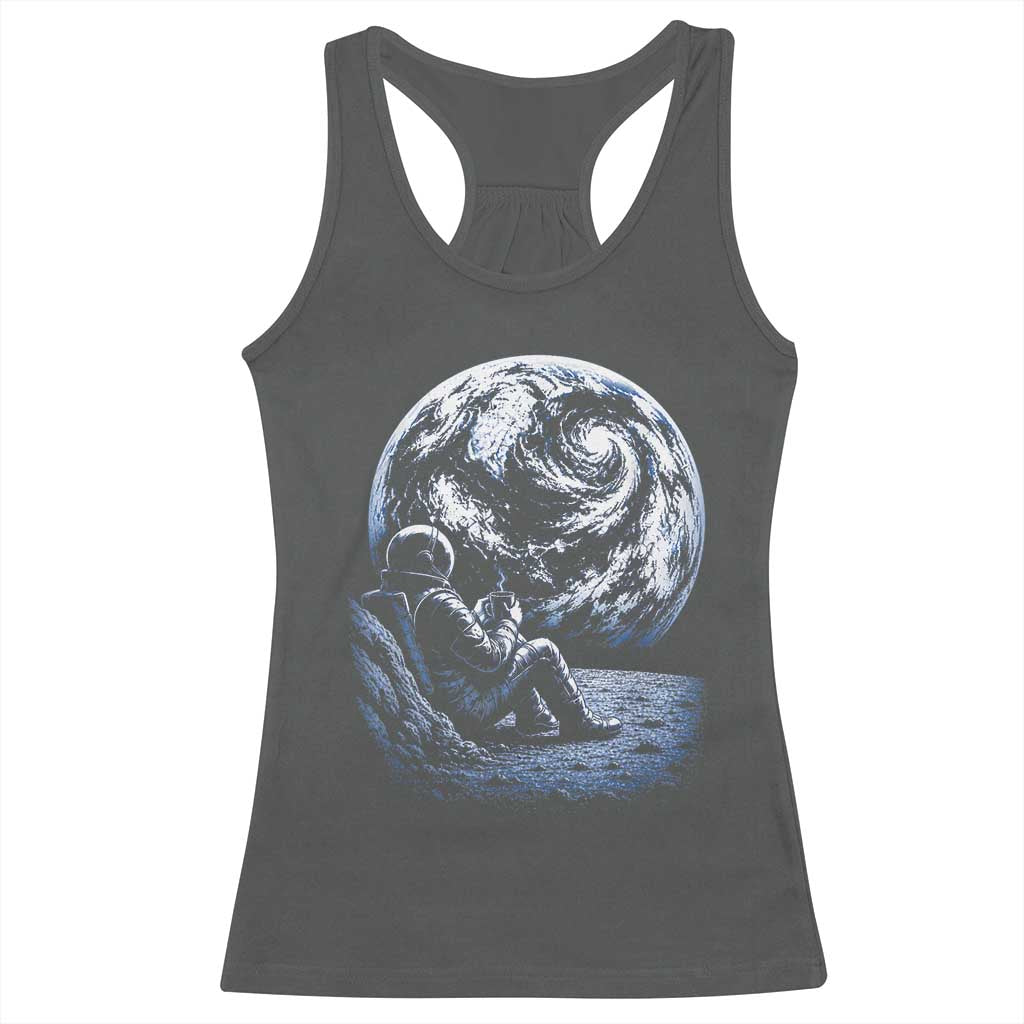 Astronaut Drinking Coffee On The Moon Graphic Racerback Tank Top Vintage Sci Fi Earth Horizon Space Explorer TS02 Dark Heather Print Your Wear