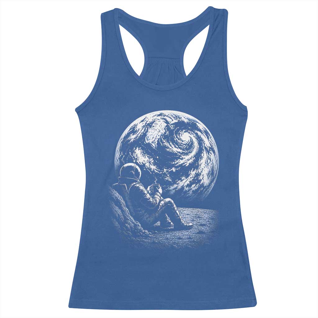 Astronaut Drinking Coffee On The Moon Graphic Racerback Tank Top Vintage Sci Fi Earth Horizon Space Explorer TS02 Royal Blue Print Your Wear