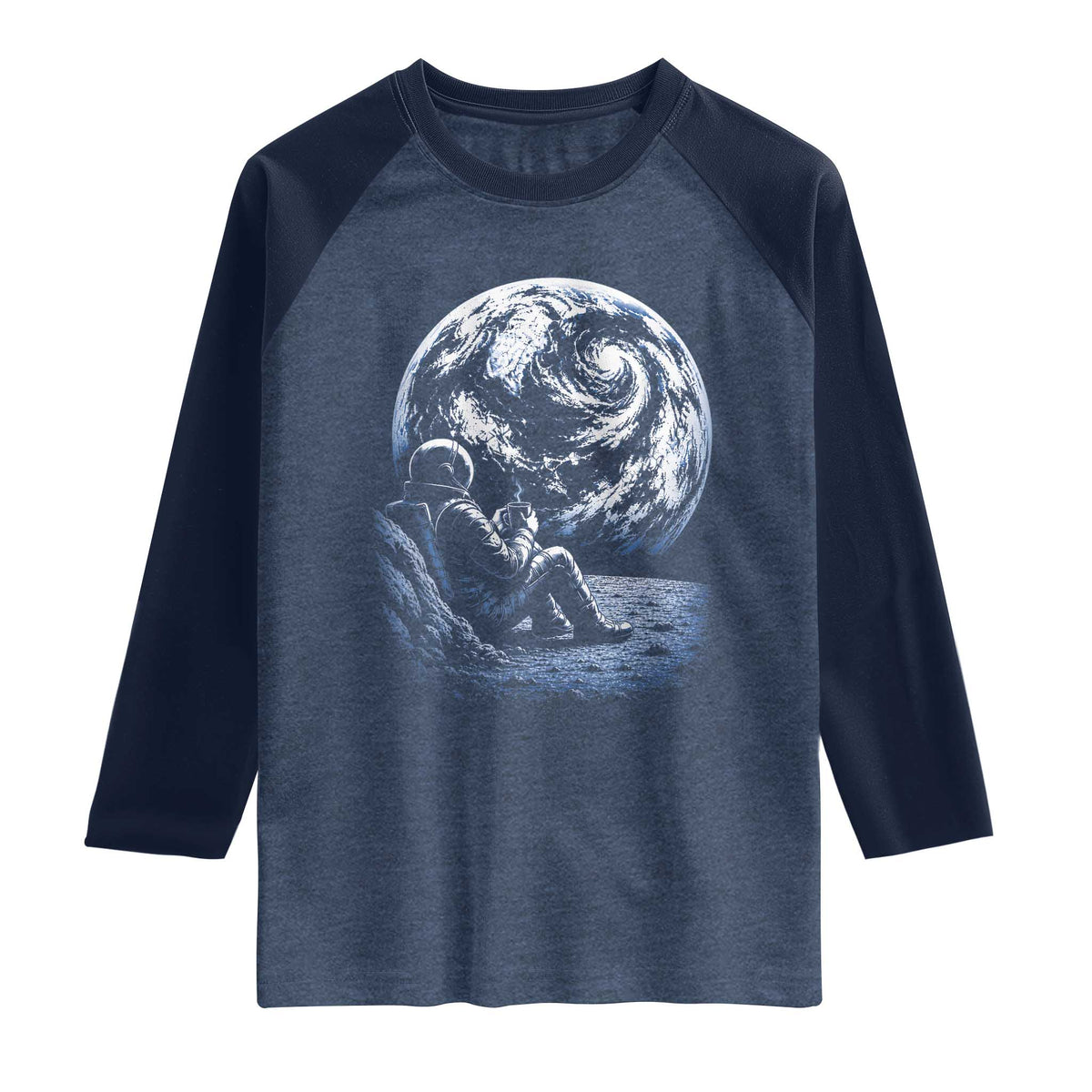 Astronaut Drinking Coffee On The Moon Graphic Raglan Shirt Vintage Sci Fi Earth Horizon Space Explorer TS02 Heather Denim Navy Print Your Wear
