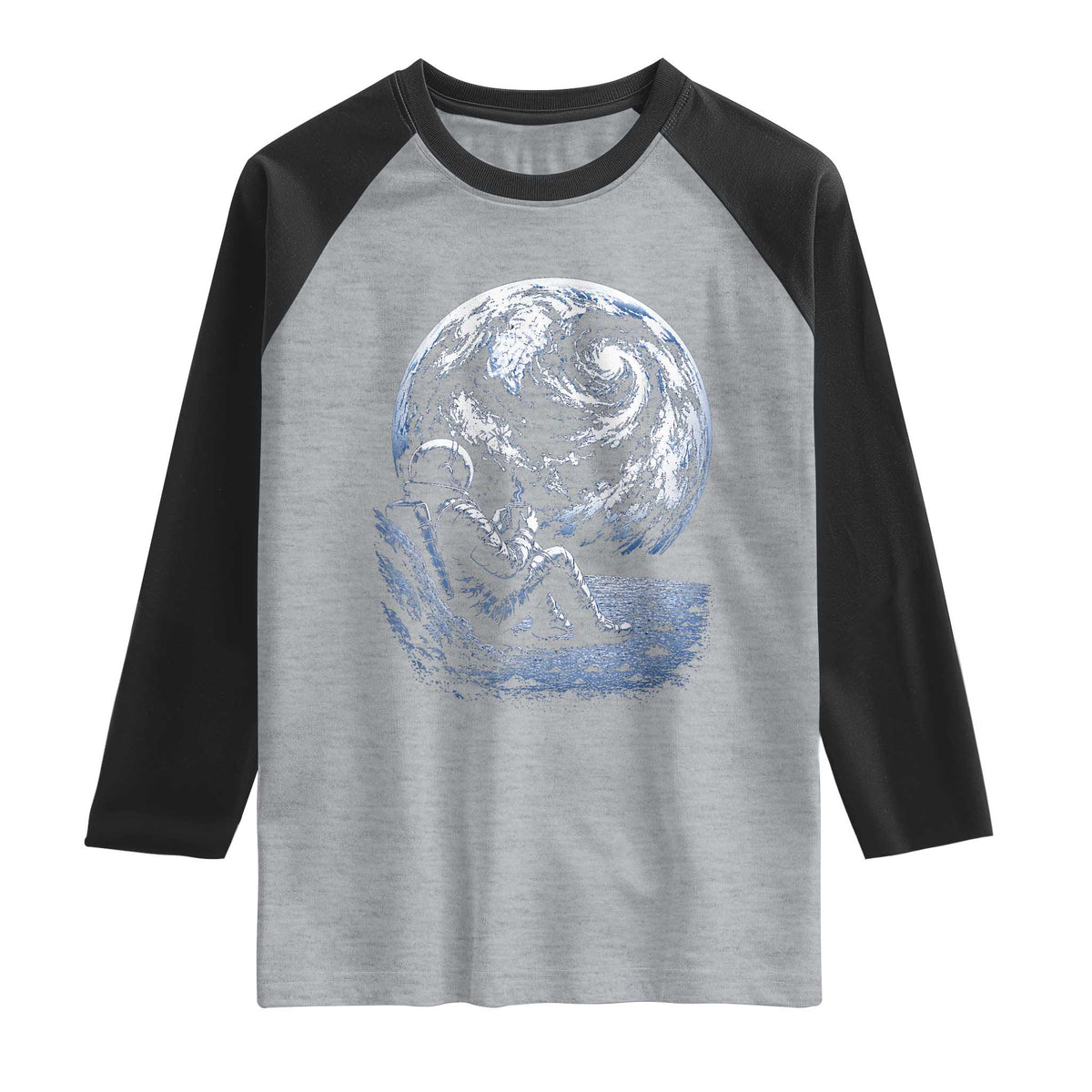 Astronaut Drinking Coffee On The Moon Graphic Raglan Shirt Vintage Sci Fi Earth Horizon Space Explorer TS02 Heather Gray Black Print Your Wear