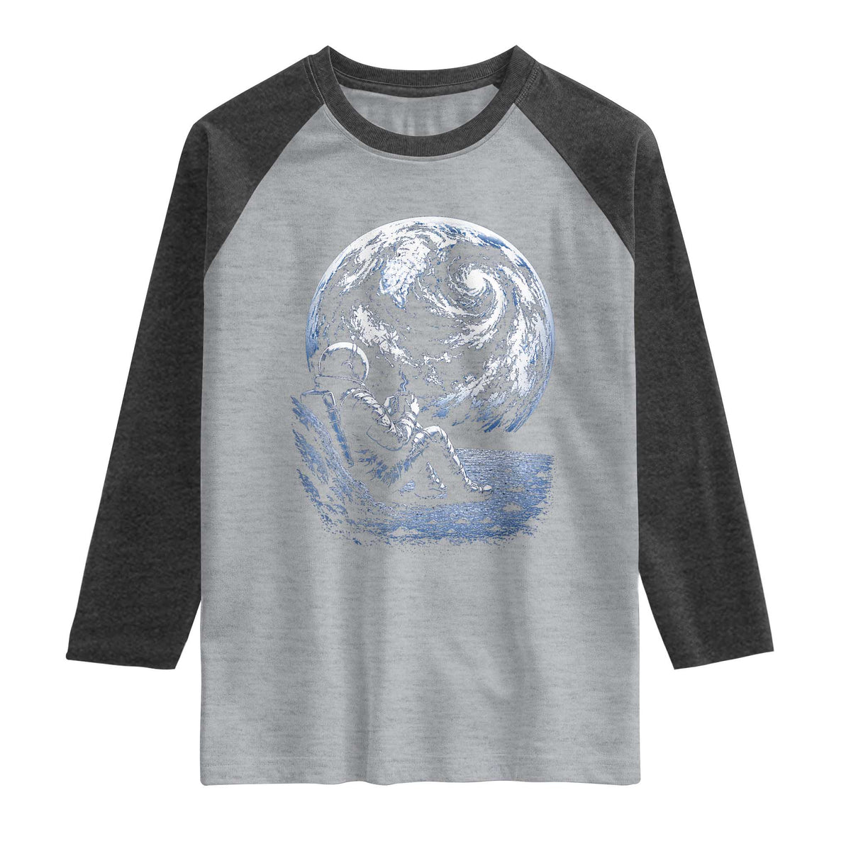 Astronaut Drinking Coffee On The Moon Graphic Raglan Shirt Vintage Sci Fi Earth Horizon Space Explorer TS02 Heather Gray Heather Charcoal Print Your Wear