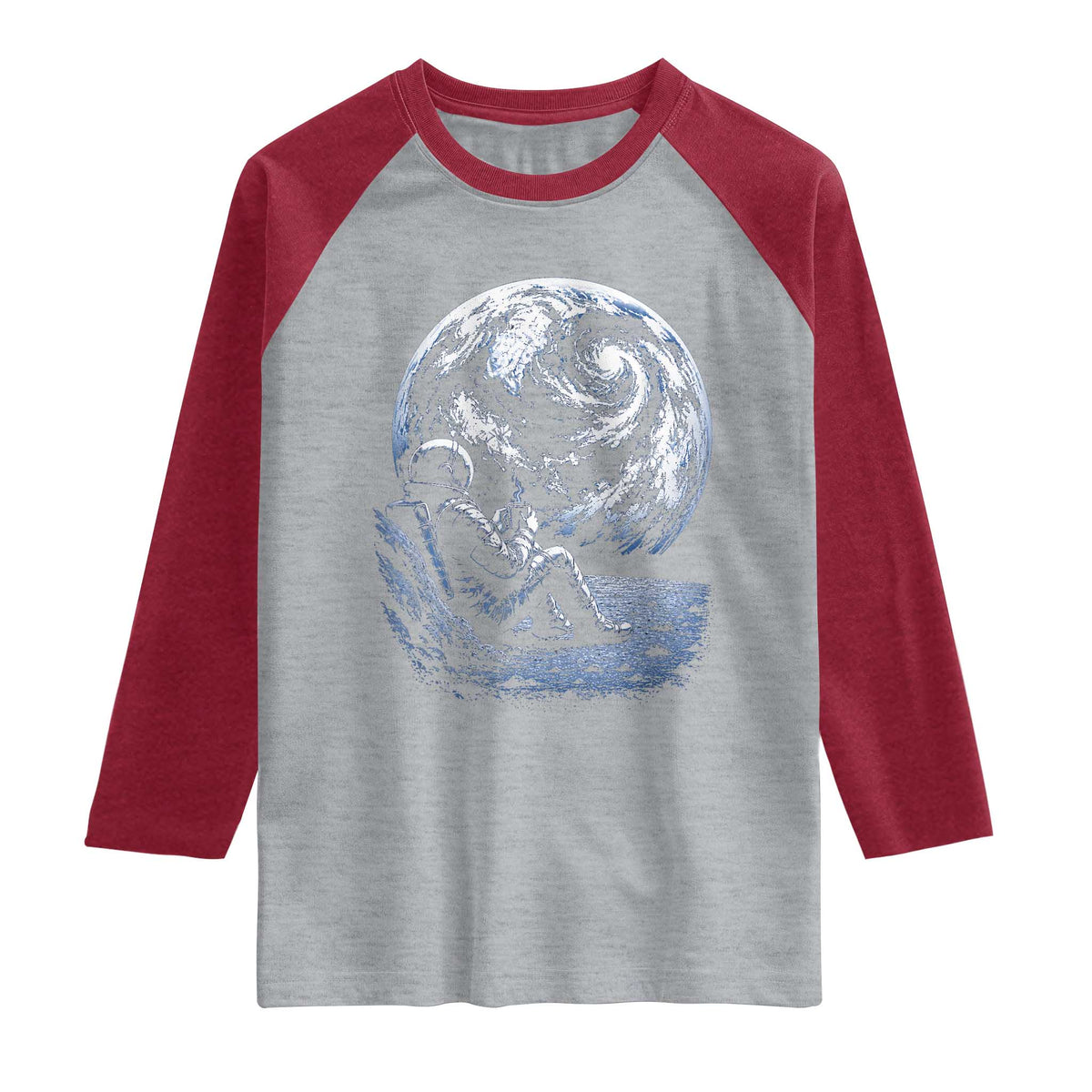 Astronaut Drinking Coffee On The Moon Graphic Raglan Shirt Vintage Sci Fi Earth Horizon Space Explorer TS02 Heather Gray Heather Red Print Your Wear