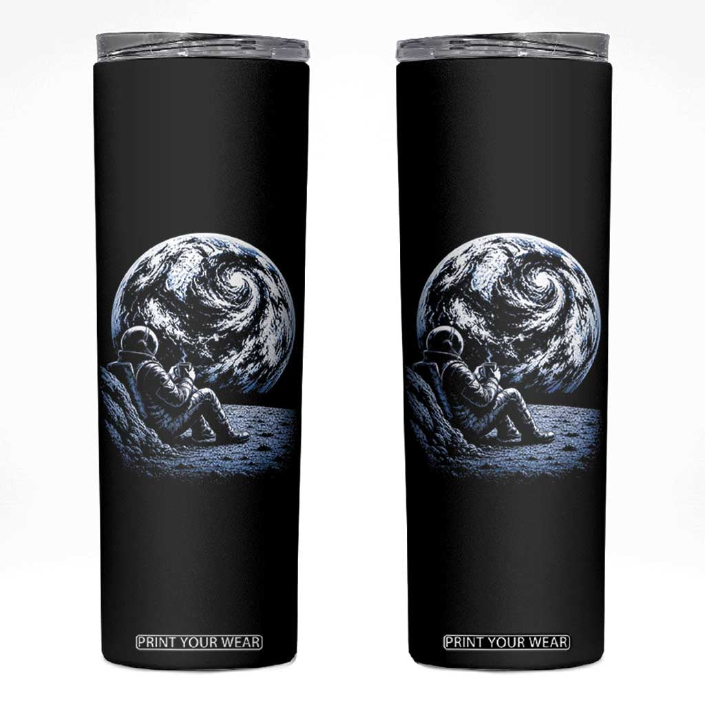 Astronaut Drinking Coffee On The Moon Graphic Skinny Tumbler Vintage Sci Fi Earth Horizon Space Explorer TS02 Black Print Your Wear