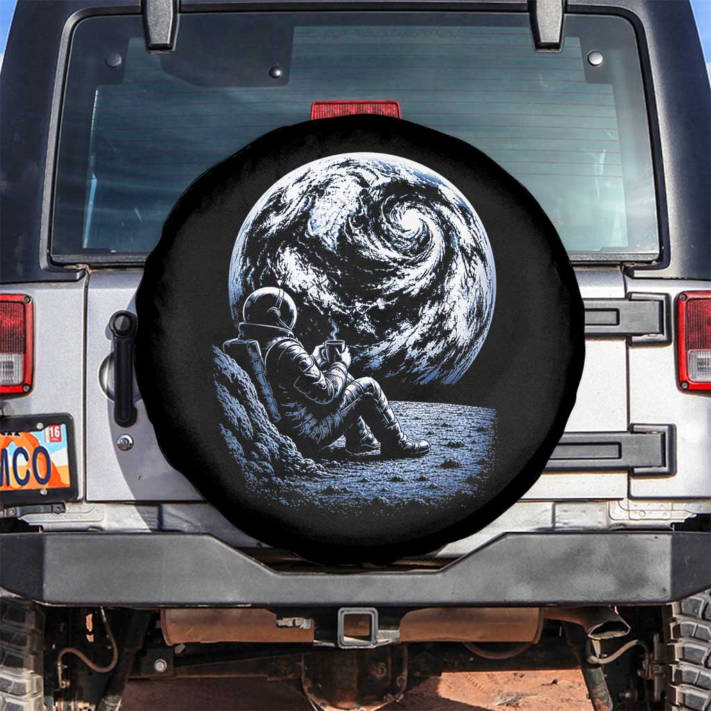 Astronaut Drinking Coffee On The Moon Graphic Spare Tire Cover Vintage Sci Fi Earth Horizon Space Explorer TS02 No hole Black Print Your Wear
