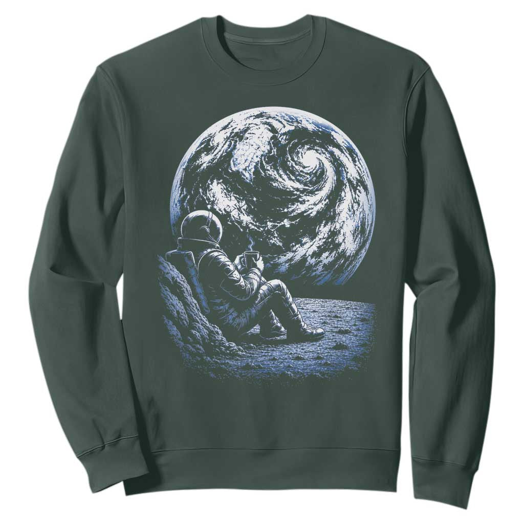 Astronaut Drinking Coffee On The Moon Graphic Sweatshirt Vintage Sci Fi Earth Horizon Space Explorer TS02 Dark Forest Green Print Your Wear