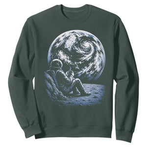Astronaut Drinking Coffee On The Moon Graphic Sweatshirt Vintage Sci Fi Earth Horizon Space Explorer TS02 Dark Forest Green Print Your Wear