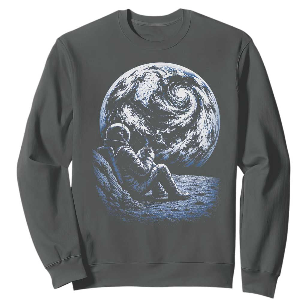 Astronaut Drinking Coffee On The Moon Graphic Sweatshirt Vintage Sci Fi Earth Horizon Space Explorer TS02 Dark Heather Print Your Wear