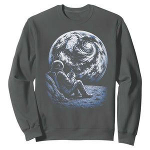 Astronaut Drinking Coffee On The Moon Graphic Sweatshirt Vintage Sci Fi Earth Horizon Space Explorer TS02 Dark Heather Print Your Wear