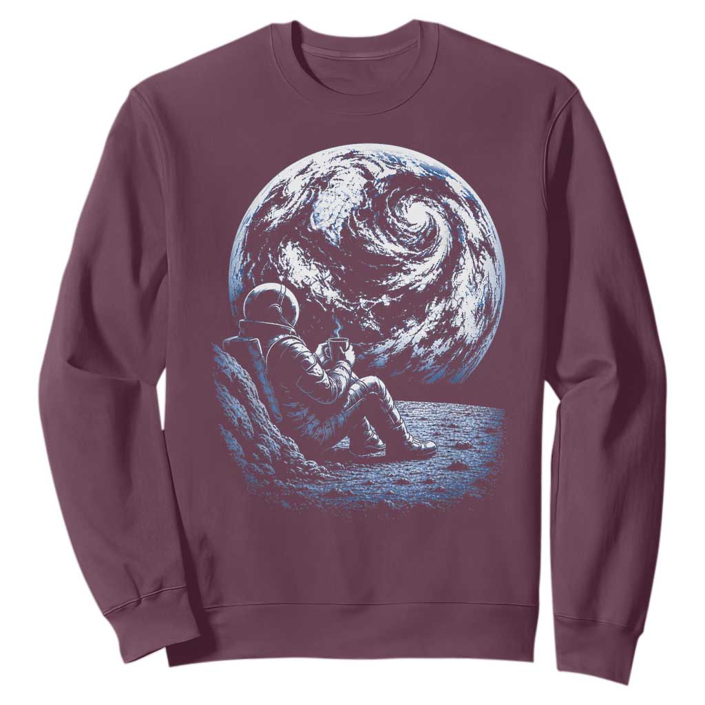 Astronaut Drinking Coffee On The Moon Graphic Sweatshirt Vintage Sci Fi Earth Horizon Space Explorer TS02 Maroon Print Your Wear