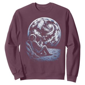 Astronaut Drinking Coffee On The Moon Graphic Sweatshirt Vintage Sci Fi Earth Horizon Space Explorer TS02 Maroon Print Your Wear