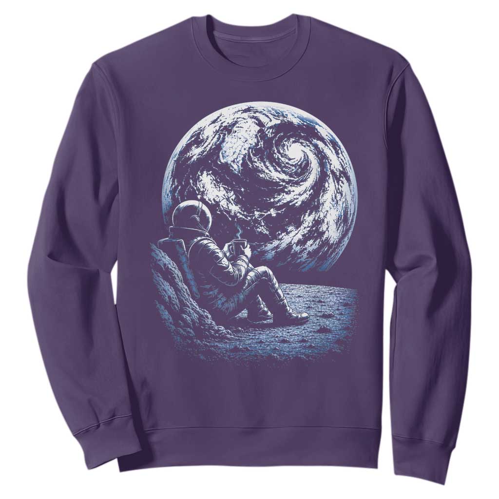 Astronaut Drinking Coffee On The Moon Graphic Sweatshirt Vintage Sci Fi Earth Horizon Space Explorer TS02 Purple Print Your Wear