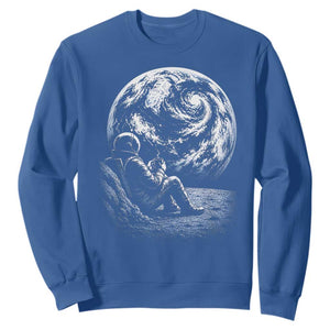 Astronaut Drinking Coffee On The Moon Graphic Sweatshirt Vintage Sci Fi Earth Horizon Space Explorer TS02 Royal Blue Print Your Wear