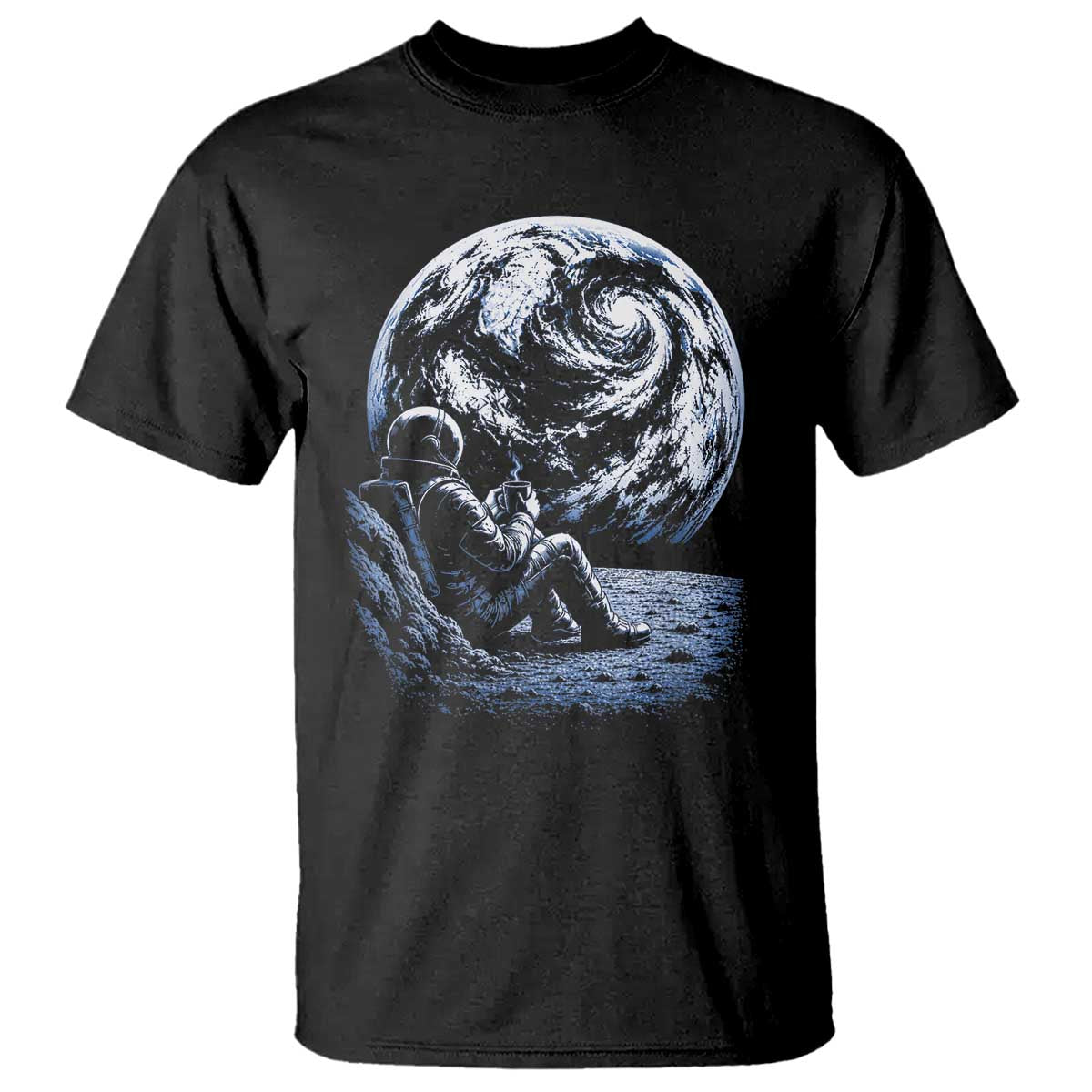Astronaut Drinking Coffee On The Moon Graphic T Shirt Vintage Sci Fi Earth Horizon Space Explorer TS02 Black Print Your Wear