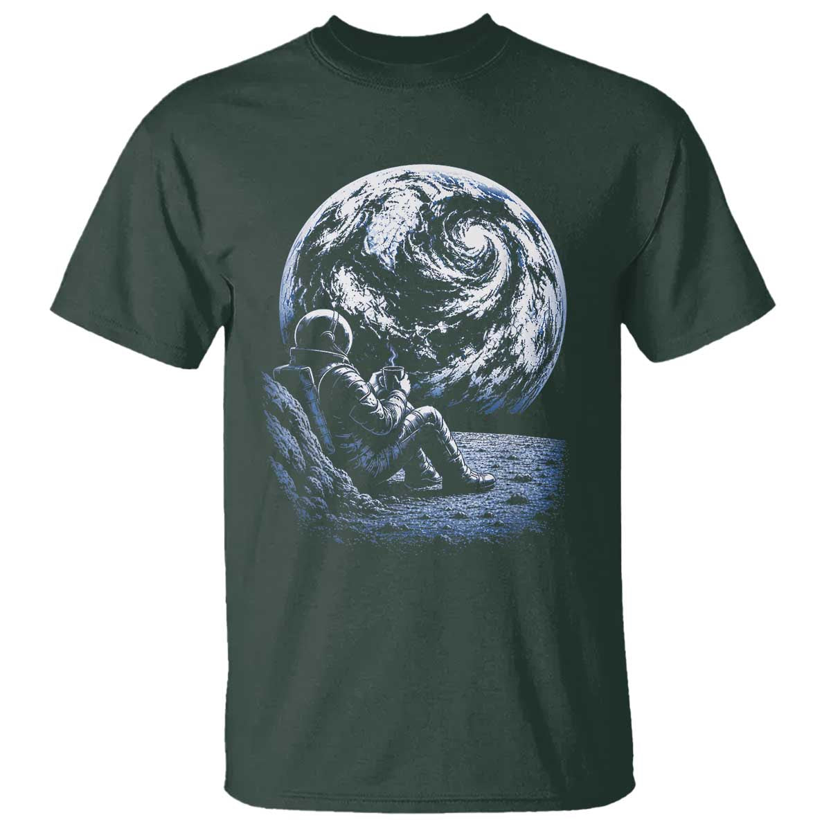 Astronaut Drinking Coffee On The Moon Graphic T Shirt Vintage Sci Fi Earth Horizon Space Explorer TS02 Dark Forest Green Print Your Wear