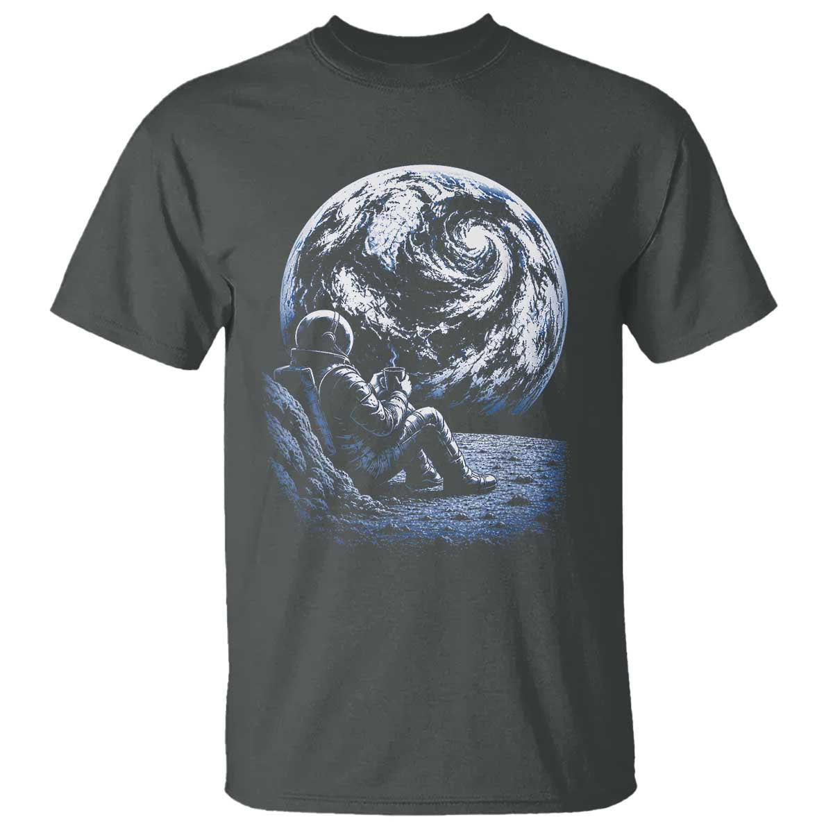 Astronaut Drinking Coffee On The Moon Graphic T Shirt Vintage Sci Fi Earth Horizon Space Explorer TS02 Dark Heather Print Your Wear