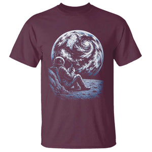 Astronaut Drinking Coffee On The Moon Graphic T Shirt Vintage Sci Fi Earth Horizon Space Explorer TS02 Maroon Print Your Wear