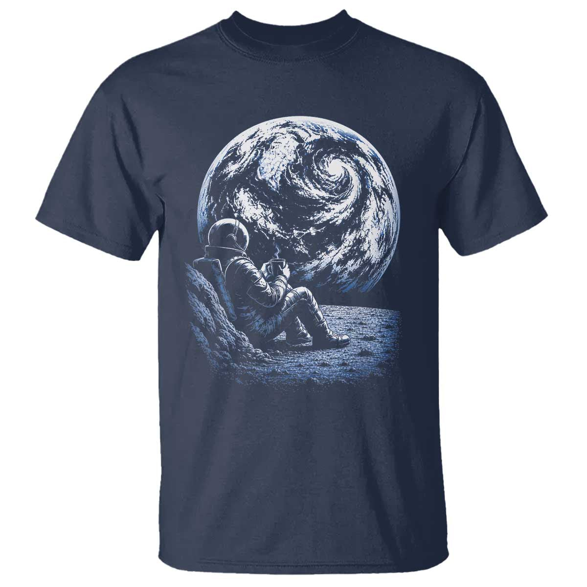 Astronaut Drinking Coffee On The Moon Graphic T Shirt Vintage Sci Fi Earth Horizon Space Explorer TS02 Navy Print Your Wear
