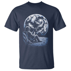 Astronaut Drinking Coffee On The Moon Graphic T Shirt Vintage Sci Fi Earth Horizon Space Explorer TS02 Navy Print Your Wear