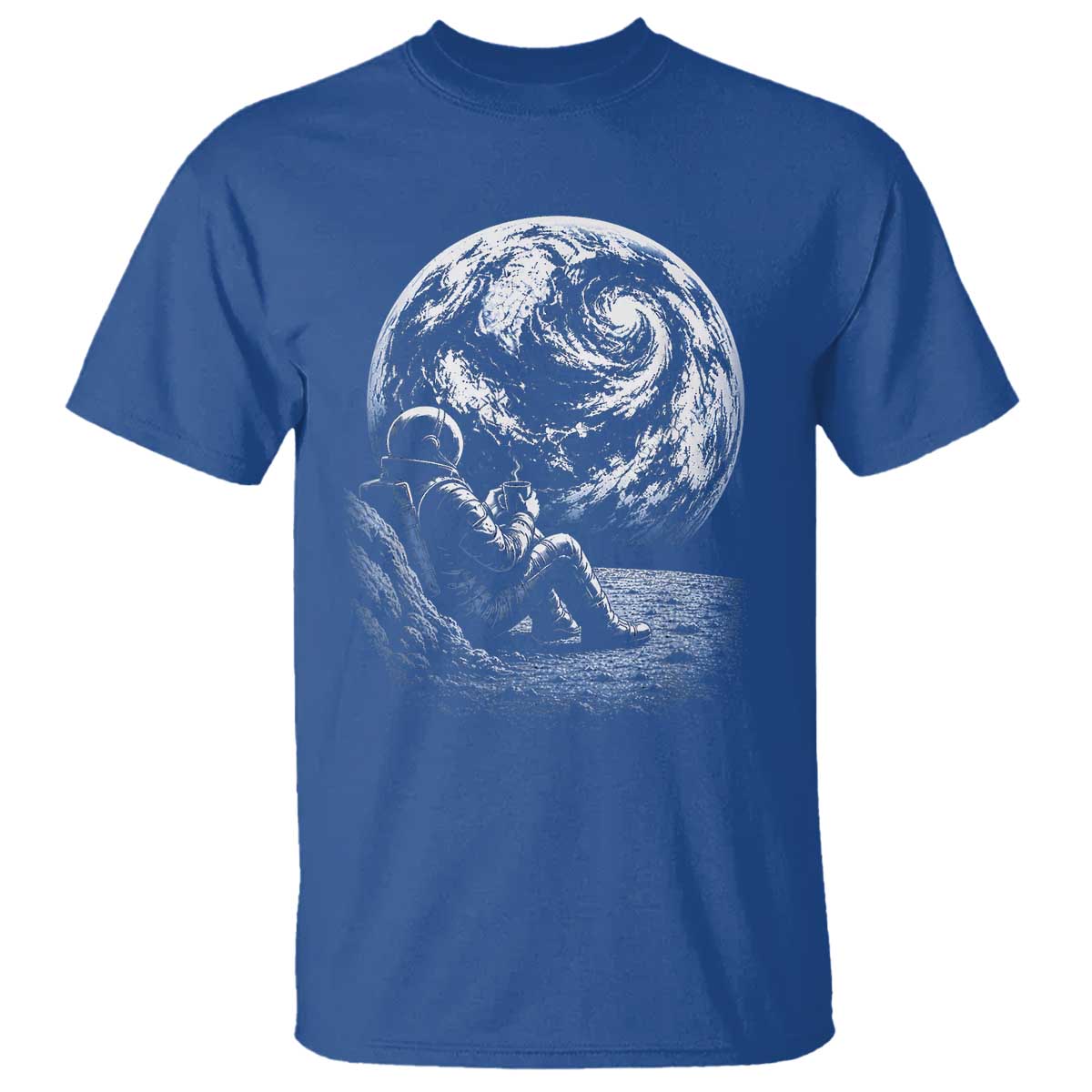 Astronaut Drinking Coffee On The Moon Graphic T Shirt Vintage Sci Fi Earth Horizon Space Explorer TS02 Royal Blue Print Your Wear