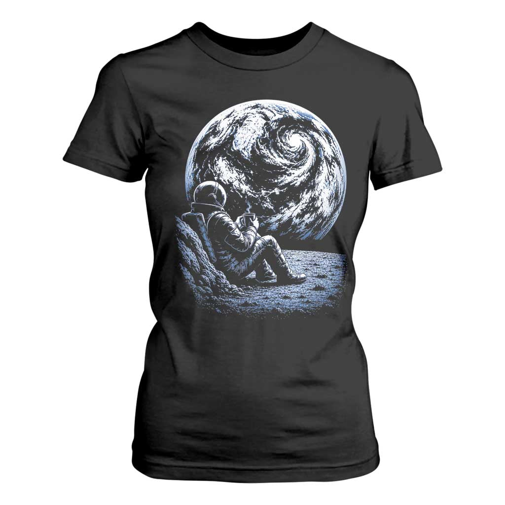 Astronaut Drinking Coffee On The Moon Graphic T Shirt For Women Vintage Sci Fi Earth Horizon Space Explorer TS02 Black Print Your Wear