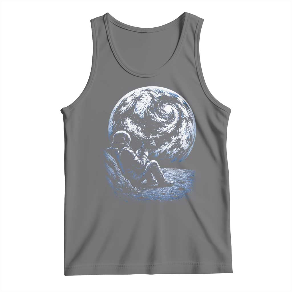 Astronaut Drinking Coffee On The Moon Graphic Tank Top Vintage Sci Fi Earth Horizon Space Explorer TS02 Black Heather Print Your Wear