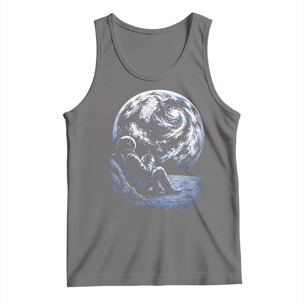 Astronaut Drinking Coffee On The Moon Graphic Tank Top Vintage Sci Fi Earth Horizon Space Explorer TS02 Deep Heather Print Your Wear