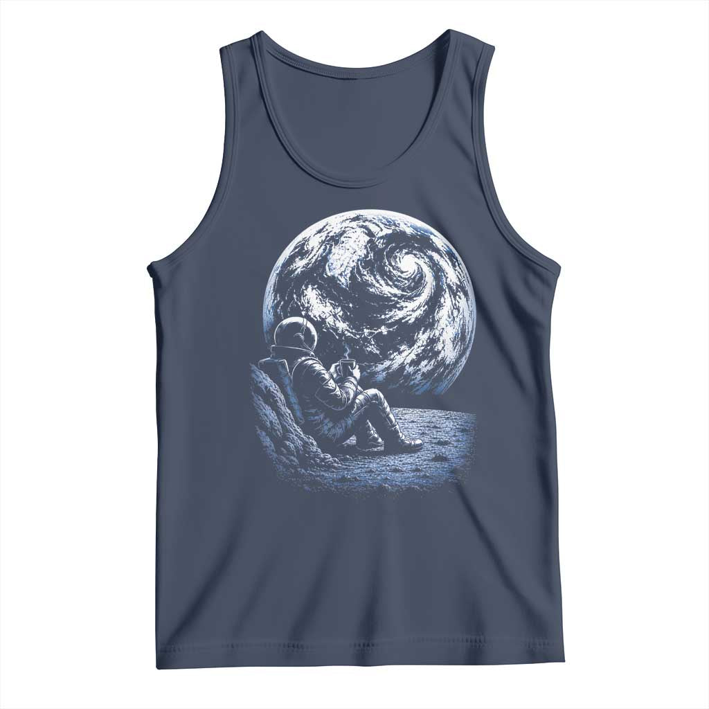 Astronaut Drinking Coffee On The Moon Graphic Tank Top Vintage Sci Fi Earth Horizon Space Explorer TS02 Navy Print Your Wear