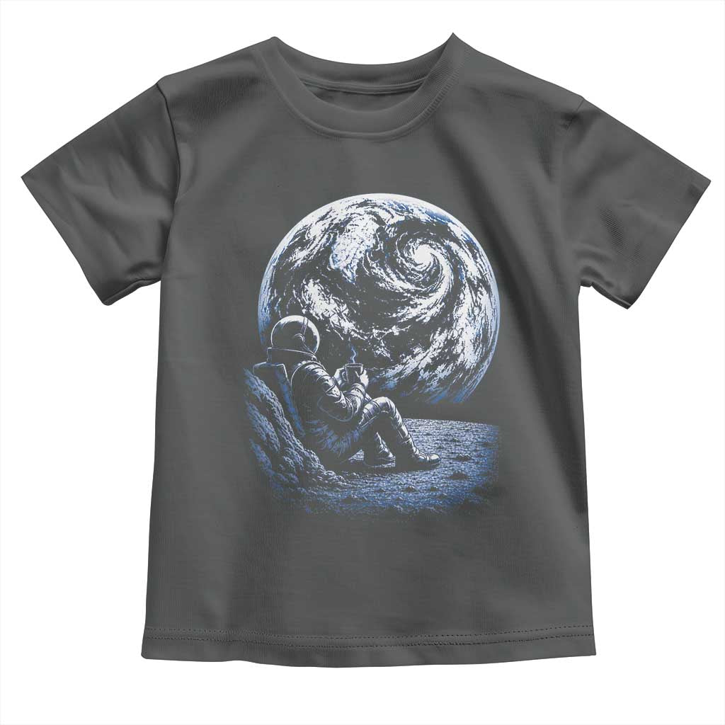 Astronaut Drinking Coffee On The Moon Graphic Toddler T Shirt Vintage Sci Fi Earth Horizon Space Explorer TS02 Dark Heather Print Your Wear
