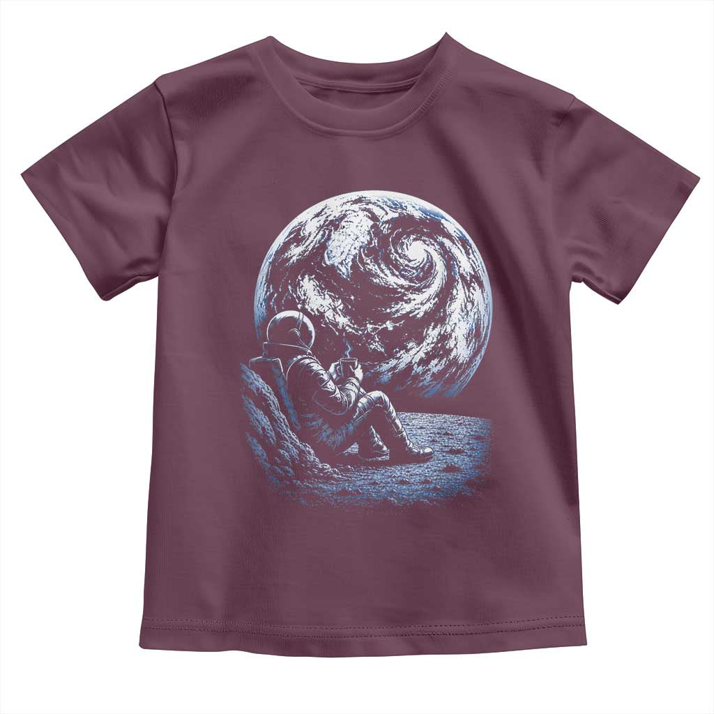 Astronaut Drinking Coffee On The Moon Graphic Toddler T Shirt Vintage Sci Fi Earth Horizon Space Explorer TS02 Maroon Print Your Wear