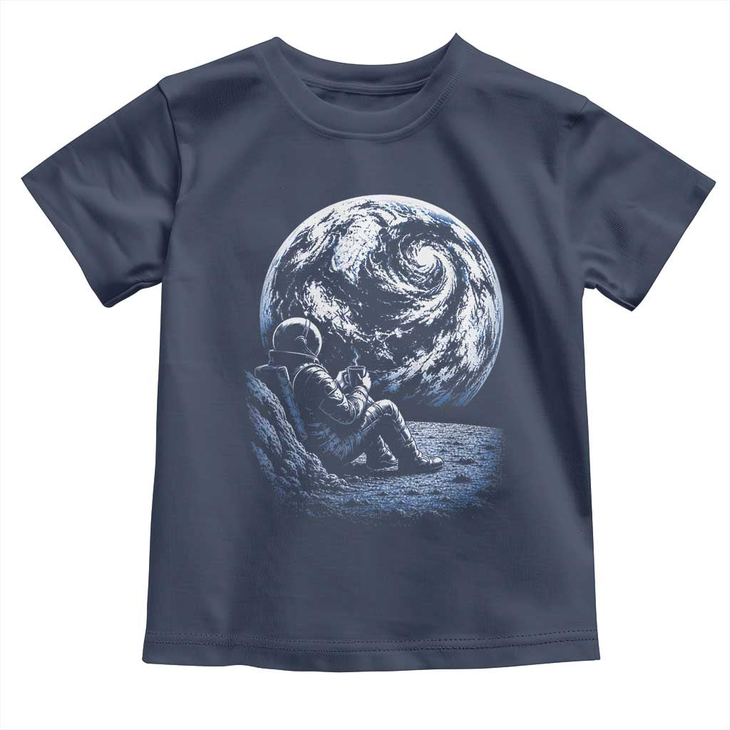 Astronaut Drinking Coffee On The Moon Graphic Toddler T Shirt Vintage Sci Fi Earth Horizon Space Explorer TS02 Navy Print Your Wear