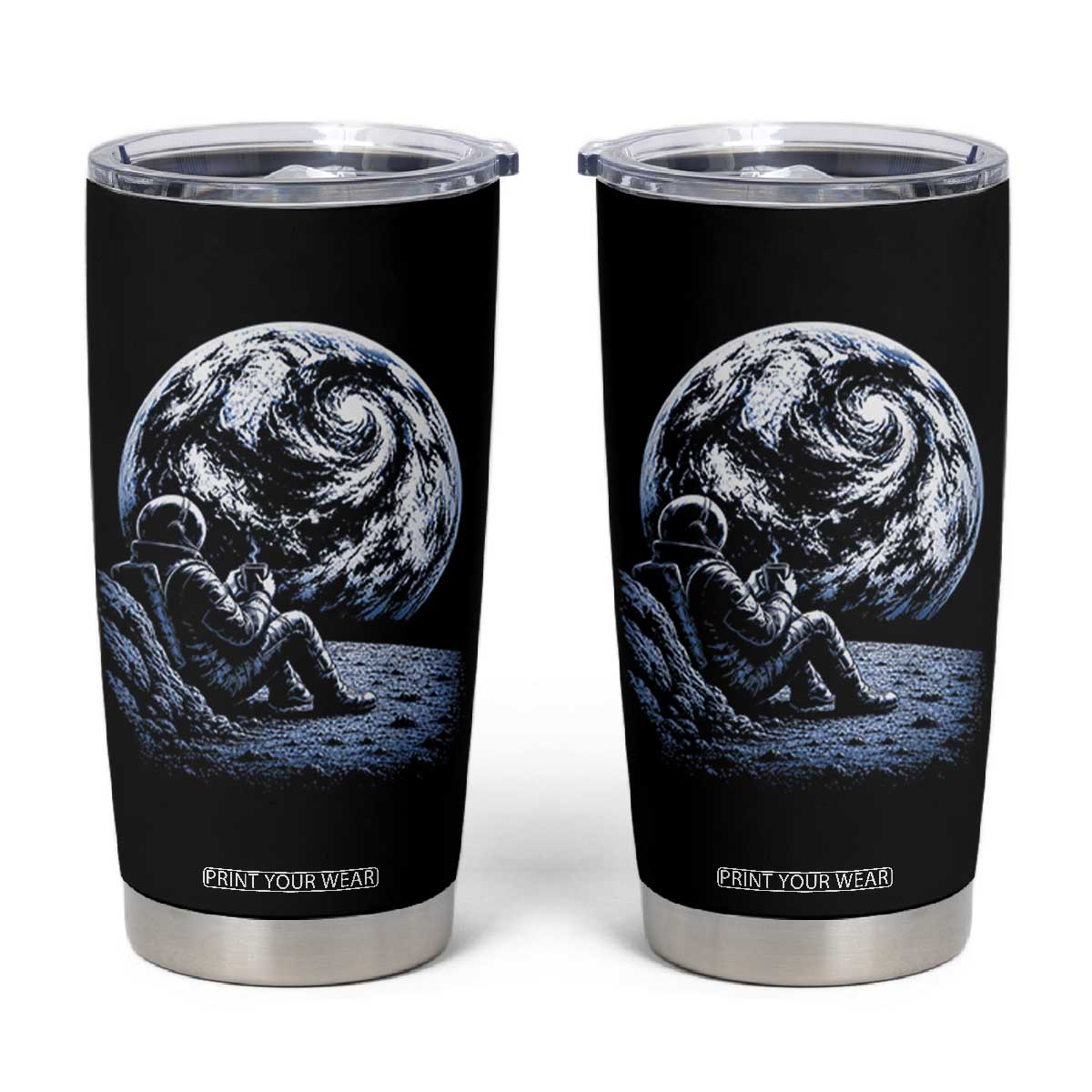 Astronaut Drinking Coffee On The Moon Graphic Tumbler Cup Vintage Sci Fi Earth Horizon Space Explorer TS02 Black Print Your Wear